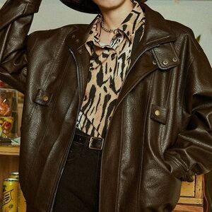 Oversized Brown Faux Leather Women's Jacket Medium